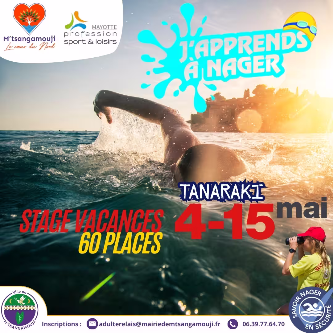 Affiche de Stage de natation – Apprenez à nager à M’tsangamouji