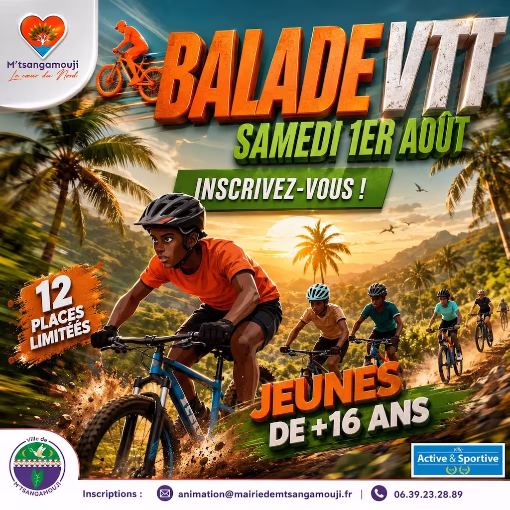 Affiche de Balade VTT à M'tsangamouji : sortie sportive pour les jeunes le 1er août 2026